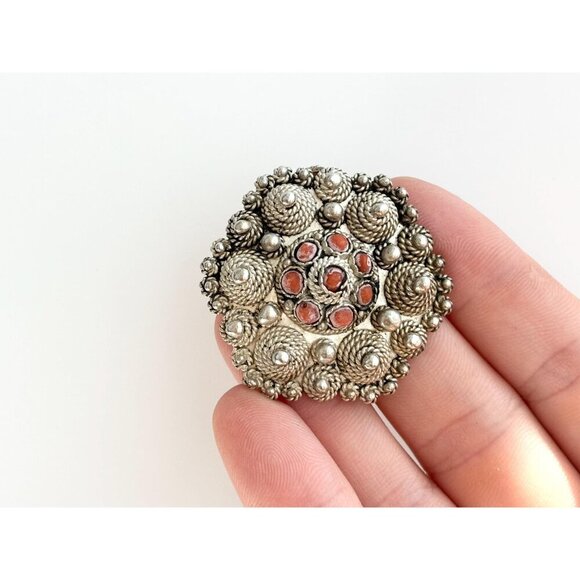 Israeli Made Coral Accented Filigree Beaded Sterling Silver 935 Vintage Pendant - Picture 7 of 10